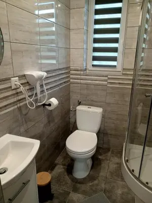 a bathroom with a toilet and a sink and a shower at Domki - Apartamenty Complex in Zator