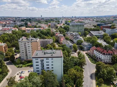 an aerial view of a city with buildings at Czarnowiejska Mini Studio with loggia in Kraków