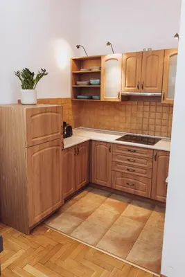 a kitchen with wooden cabinets and a sink at Kraków Old Town - Kazimierz Dajwór in Kraków