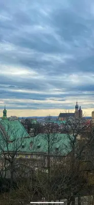 a view of a city with a green roof at Vintage Rooms in Old Town in Kraków