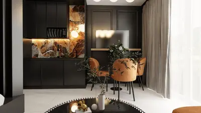 a dining room with black walls and a table with orange chairs at ApartPark Centrum Zator Bronze in Zator
