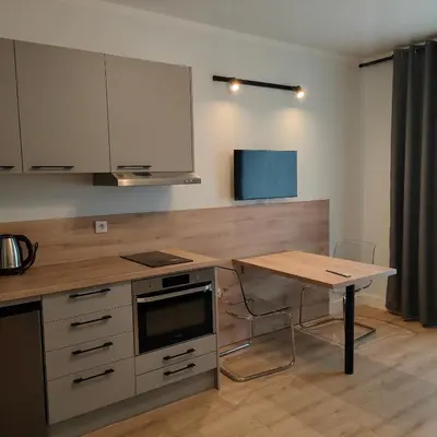 a hallway with a glass door and wooden cabinets at Sympozjum Loft in Kraków