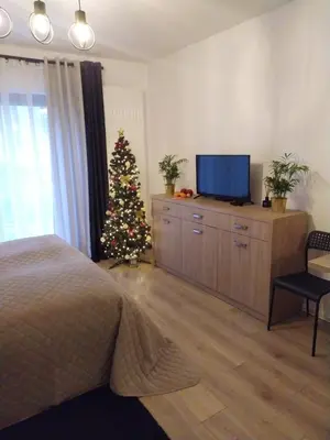 a bedroom with a bed with a window and a tv at Doskonałe mieszkanie z tarasem blisko centrum Krakowa in Kraków