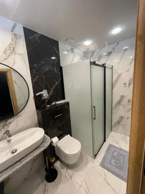 a bathroom with a shower and a toilet and a sink at MAŁY KSIĄŻĘ in Podzamcze