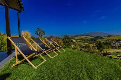 a row of deck chairs sitting on the grass at Maciejowe Wzgórze Domek z dwoma niezależnymi apartamentami ze SPA - Sauna, Jacuzzi, Tężnia, Izba Solna i Solankowa, Balia na wyłączność z hydromasażami in Rabka