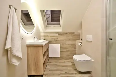 a bathroom with a toilet and a sink at Maciejowe Wzgórze Domek z dwoma niezależnymi apartamentami ze SPA - Sauna, Jacuzzi, Tężnia, Izba Solna i Solankowa, Balia na wyłączność z hydromasażami in Rabka