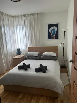 a bedroom with a large bed with two pillows at Apartament Sołtysowska- garaż bezpłatny, NEAR Tauron Arena, EXPO in Kraków