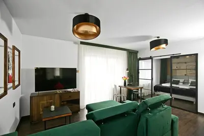 a living room with green furniture and a bedroom at Near Sanktuarium Beautiful View and Free Parking in Kraków