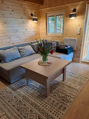 a living room with a couch and a coffee table at Domki Na Winnicy - Winnica Talaska in Melsztyn