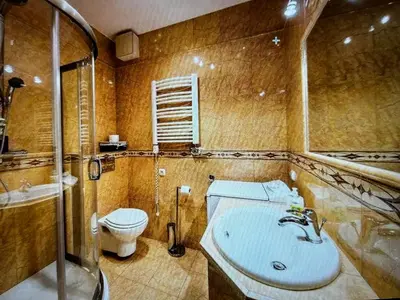 a bathroom with a sink and a toilet and a shower at Krupnicza Apartment in Kraków