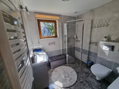 a bathroom with a shower and a toilet and a sink at Domek Nad Stawem II in Limanowa
