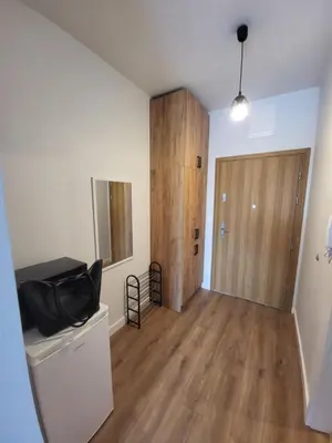 an empty room with a hallway with a wooden door at Nest Niebieski in Zator