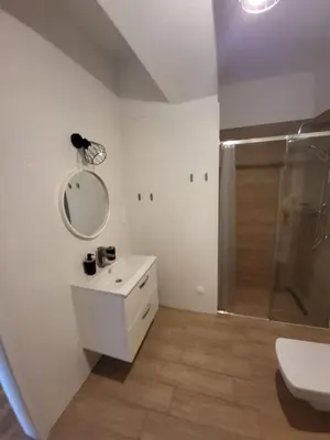 a bathroom with a shower and a sink and a mirror at Nest Niebieski in Zator