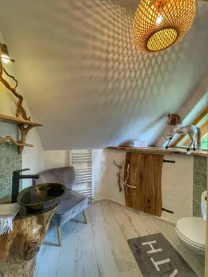 a bathroom with a sink and a toilet in a room at Gliniana Chata in Zawoja