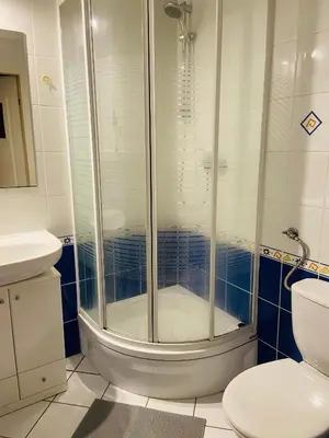 a bathroom with a shower and a toilet at Centrum Apart in Kraków