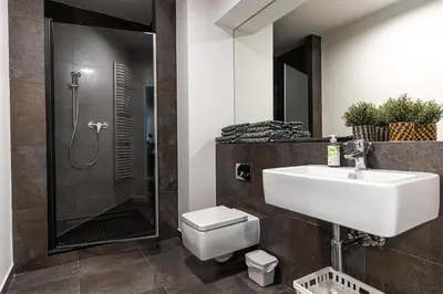 a bathroom with a sink and a shower at Modern House in Old Town Numero 8 in Kraków