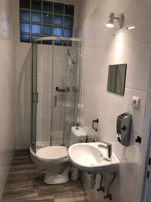 a bathroom with a shower and a toilet and a sink at Szczebel in Kraków