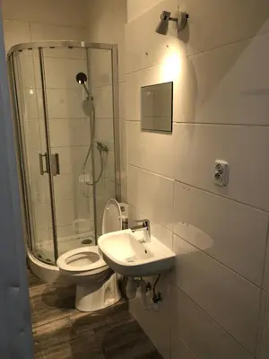 a bathroom with a shower and a toilet and a sink at Wąsik in Kraków