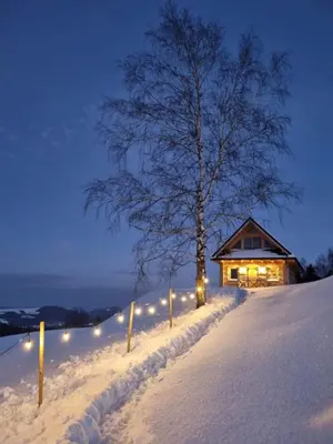 a cabin in the snow with a tree and lights at Domek na Kleninie z gorącą balią in Kamienica