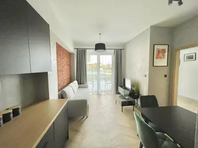 a kitchen and living room with a couch and a television at Apartament Róża 1 Zator - 2 km od Energylandii in Zator