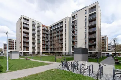 a group of bikes parked in front of a building at Krowodrza Apartment Premium with Balcony by Renters Prestige in Kraków