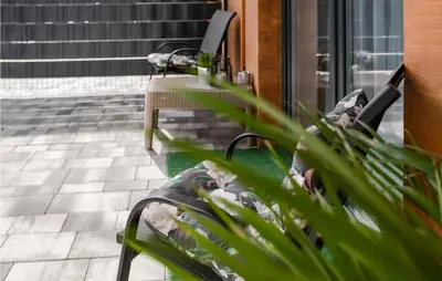 a patio with two chairs and a table and a plant at Cozy Apartment In Zator With Wifi in Zator