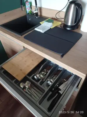 a drawer in a kitchen counter with a sink at Loft Park Zator, lokalizacja przy wej Parku in Zator