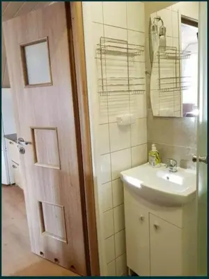 a bathroom with a sink and a mirror and a door at Mieszkanie B Łowiczki in Zator