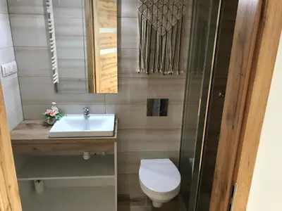 a bathroom with a toilet and a sink at Zielony Zakątek Przeciszów Zator in Przeciszów