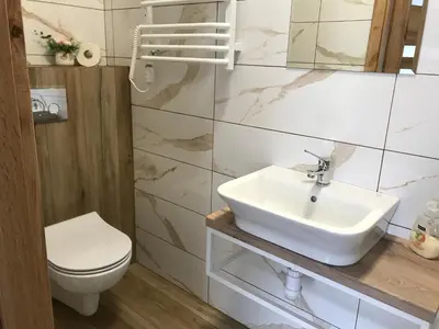 a bathroom with a sink and a toilet at Zielony Zakątek Przeciszów Zator in Przeciszów