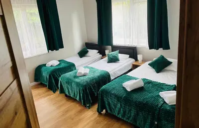 three beds in a room with green and white sheets at Zielony Zakątek Przeciszów Zator in Przeciszów
