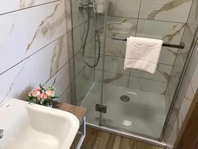 a bathroom with a shower and a sink at Zielony Zakątek Przeciszów Zator in Przeciszów