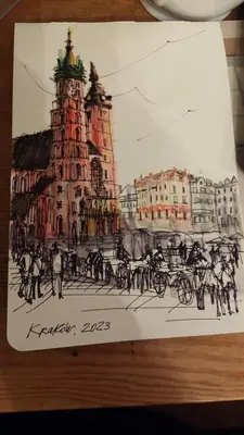 a drawing of a city with a horse drawn carriage at Bagry Rooms3 LoveKrakow in Kraków